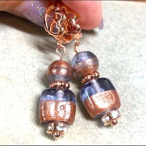 Periwinkle and rose gold murano glass handmade earrings